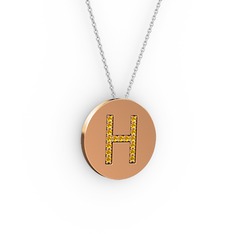H Baş Harf Kolye - Sitrin 8 ayar rose altın kolye (40 cm gümüş rolo zincir) #uqy223