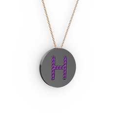 H Baş Harf Kolye - Ametist 925 ayar siyah rodyum kaplama gümüş kolye (40 cm rose altın rolo zincir) #y9u3ix