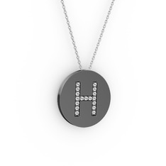 H Baş Harf Kolye - Pırlanta 925 ayar siyah rodyum kaplama gümüş kolye (0.1496 karat, 40 cm gümüş rolo zincir) #zfgggg