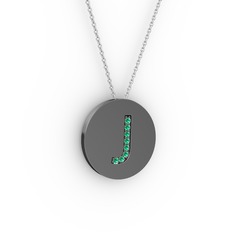 J Baş Harf Kolye - Yeşil kuvars 925 ayar siyah rodyum kaplama gümüş kolye (40 cm beyaz altın rolo zincir) #1345pc2