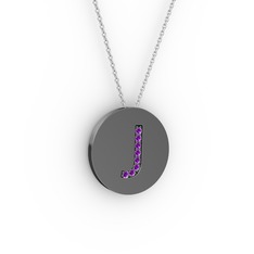 J Baş Harf Kolye - Ametist 925 ayar siyah rodyum kaplama gümüş kolye (40 cm gümüş rolo zincir) #1bo0rno