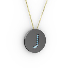 J Baş Harf Kolye - Akuamarin 925 ayar siyah rodyum kaplama gümüş kolye (40 cm altın rolo zincir) #1ewxex5