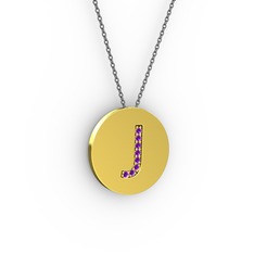 J Baş Harf Kolye - Ametist 14 ayar altın kolye (40 cm gümüş rolo zincir) #1fbykty