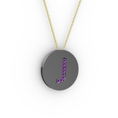 J Baş Harf Kolye - Ametist 925 ayar siyah rodyum kaplama gümüş kolye (40 cm altın rolo zincir) #7dwbh3