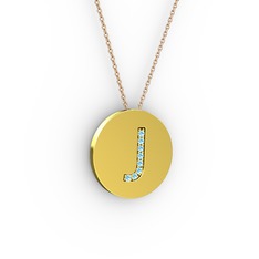 J Baş Harf Kolye - Akuamarin 8 ayar altın kolye (40 cm rose altın rolo zincir) #7x45bg