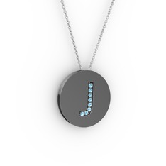 J Baş Harf Kolye - Akuamarin 925 ayar siyah rodyum kaplama gümüş kolye (40 cm gümüş rolo zincir) #lu16l2