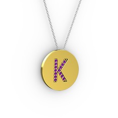 K Baş Harf Kolye - Ametist 18 ayar altın kolye (40 cm beyaz altın rolo zincir) #12voddz