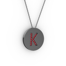 K Baş Harf Kolye - Garnet 925 ayar siyah rodyum kaplama gümüş kolye (40 cm gümüş rolo zincir) #18noigy