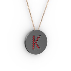 K Baş Harf Kolye - Garnet 925 ayar siyah rodyum kaplama gümüş kolye (40 cm rose altın rolo zincir) #1aibcm3