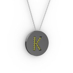 K Baş Harf Kolye - Peridot 925 ayar siyah rodyum kaplama gümüş kolye (40 cm gümüş rolo zincir) #1o61uvz
