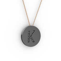K Baş Harf Kolye - Siyah zirkon 925 ayar siyah rodyum kaplama gümüş kolye (40 cm rose altın rolo zincir) #51cf2n