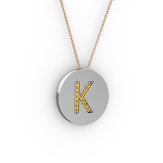 K Baş Harf Kolye - Sitrin 14 ayar beyaz altın kolye (40 cm gümüş rolo zincir) #d49su