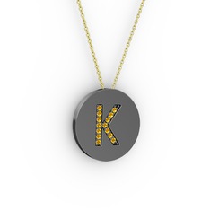 K Baş Harf Kolye - Sitrin 925 ayar siyah rodyum kaplama gümüş kolye (40 cm altın rolo zincir) #ej1o6n