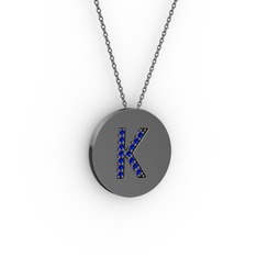 K Baş Harf Kolye - Lab safir 925 ayar siyah rodyum kaplama gümüş kolye (40 cm gümüş rolo zincir) #plgv9