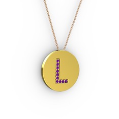 L Baş Harf Kolye - Ametist 14 ayar altın kolye (40 cm gümüş rolo zincir) #10an0bs