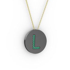 L Baş Harf Kolye - Yeşil kuvars 925 ayar siyah rodyum kaplama gümüş kolye (40 cm altın rolo zincir) #1g0gli8