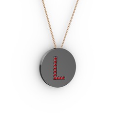 L Baş Harf Kolye - Garnet 925 ayar siyah rodyum kaplama gümüş kolye (40 cm rose altın rolo zincir) #1lqu6es
