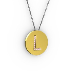 L Baş Harf Kolye - Pembe kuvars 8 ayar altın kolye (40 cm gümüş rolo zincir) #6le5at