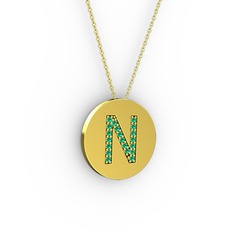 N Baş Harf Kolye - Yeşil kuvars 14 ayar altın kolye (40 cm gümüş rolo zincir) #114ox8p