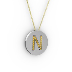 N Baş Harf Kolye - Sitrin 8 ayar beyaz altın kolye (40 cm altın rolo zincir) #12plhs6