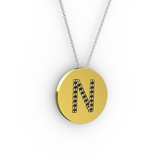 N Baş Harf Kolye - Siyah zirkon 14 ayar altın kolye (40 cm gümüş rolo zincir) #1381qww