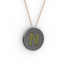 N Baş Harf Kolye - Peridot 925 ayar siyah rodyum kaplama gümüş kolye (40 cm rose altın rolo zincir) #13gmu3a