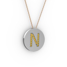N Baş Harf Kolye - Sitrin 14 ayar beyaz altın kolye (40 cm gümüş rolo zincir) #149p2fx