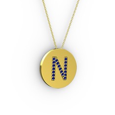 N Baş Harf Kolye - Lab safir 925 ayar altın kaplama gümüş kolye (40 cm altın rolo zincir) #15nlmvi
