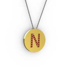 N Baş Harf Kolye - Garnet 18 ayar altın kolye (40 cm gümüş rolo zincir) #1gpm6dd