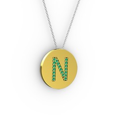 N Baş Harf Kolye - Yeşil kuvars 925 ayar altın kaplama gümüş kolye (40 cm beyaz altın rolo zincir) #1pfby6r