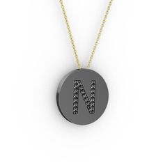 N Baş Harf Kolye - Siyah zirkon 925 ayar siyah rodyum kaplama gümüş kolye (40 cm gümüş rolo zincir) #1yu96l3