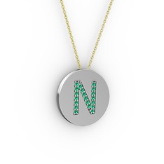 N Baş Harf Kolye - Yeşil kuvars 14 ayar beyaz altın kolye (40 cm gümüş rolo zincir) #8g7s4m