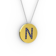 N Baş Harf Kolye - Lab safir 18 ayar altın kolye (40 cm beyaz altın rolo zincir) #b1435e