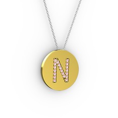 N Baş Harf Kolye - Pembe kuvars 18 ayar altın kolye (40 cm beyaz altın rolo zincir) #cil97n