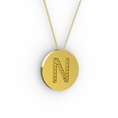 N Baş Harf Kolye - Sitrin 14 ayar altın kolye (40 cm altın rolo zincir) #jtofz3