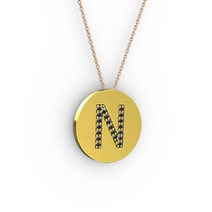N Baş Harf Kolye - Siyah zirkon 18 ayar altın kolye (40 cm rose altın rolo zincir) #pqygox