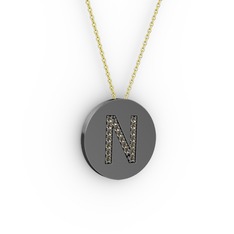N Baş Harf Kolye - Dumanlı kuvars 925 ayar siyah rodyum kaplama gümüş kolye (40 cm altın rolo zincir) #s6nw44