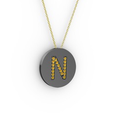 N Baş Harf Kolye - Sitrin 925 ayar siyah rodyum kaplama gümüş kolye (40 cm altın rolo zincir) #ue1w4y
