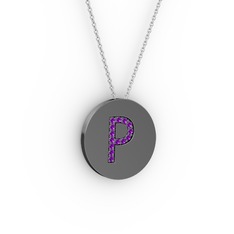 P Baş Harf Kolye - Ametist 925 ayar siyah rodyum kaplama gümüş kolye (40 cm gümüş rolo zincir) #13oswdz