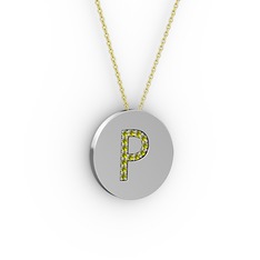 P Baş Harf Kolye - Peridot 18 ayar beyaz altın kolye (40 cm altın rolo zincir) #15jjayl