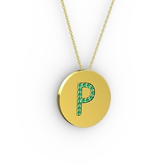 P Baş Harf Kolye - Yeşil kuvars 14 ayar altın kolye (40 cm altın rolo zincir) #16o266b