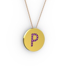 P Baş Harf Kolye - Ametist 8 ayar altın kolye (40 cm rose altın rolo zincir) #1bpiqj