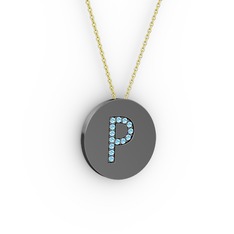 P Baş Harf Kolye - Akuamarin 925 ayar siyah rodyum kaplama gümüş kolye (40 cm gümüş rolo zincir) #1ixu44f
