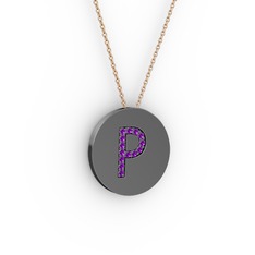 P Baş Harf Kolye - Ametist 925 ayar siyah rodyum kaplama gümüş kolye (40 cm gümüş rolo zincir) #1ujb66q