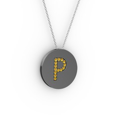 P Baş Harf Kolye - Sitrin 925 ayar siyah rodyum kaplama gümüş kolye (40 cm beyaz altın rolo zincir) #1uw038b