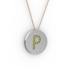 P Baş Harf Kolye - Peridot 18 ayar beyaz altın kolye (40 cm rose altın rolo zincir) #53b66e
