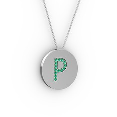 P Baş Harf Kolye - Yeşil kuvars 14 ayar beyaz altın kolye (40 cm gümüş rolo zincir) #72xkku