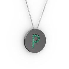 P Baş Harf Kolye - Yeşil kuvars 925 ayar siyah rodyum kaplama gümüş kolye (40 cm beyaz altın rolo zincir) #8c9oqj