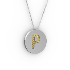 P Baş Harf Kolye - Sitrin 8 ayar beyaz altın kolye (40 cm beyaz altın rolo zincir) #b0rc6z