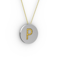 P Baş Harf Kolye - Sitrin 14 ayar beyaz altın kolye (40 cm altın rolo zincir) #cxb4tj
